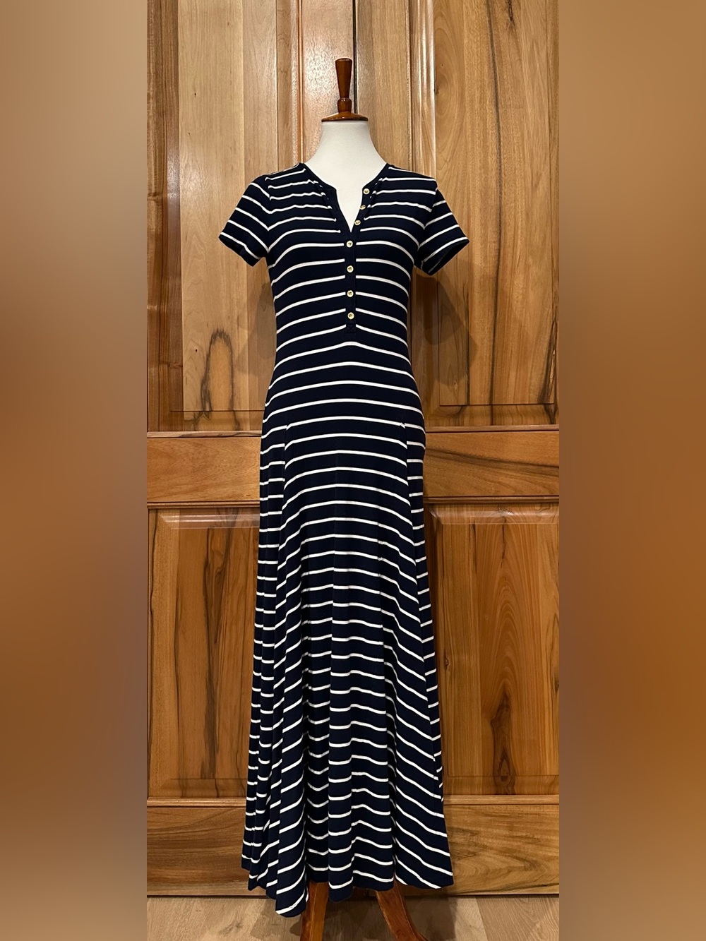 Ralph Lauren Super Soft Syretch Cotton Navy-Blue/White Striped Maxi Dress EUC, S